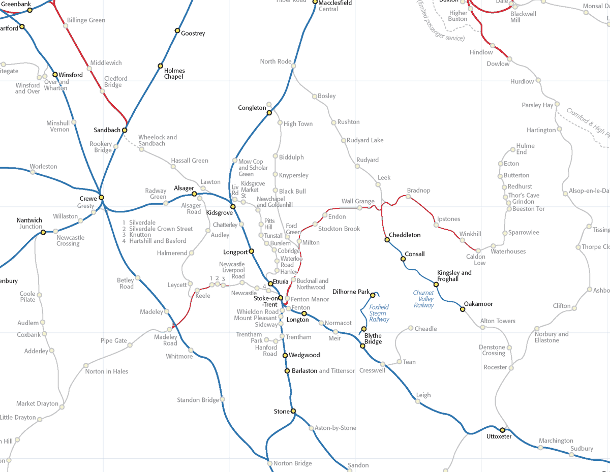 The New Adlestrop map of extant and former railways – part of whose charm is that it's been in development for about 20 years – so far covers all of Wales and England up as far as Lancaster and York. Gaze in wonder at what was and might have been: https://www.systemed.net/atlas/&nbsp;