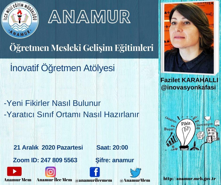 AnamurmemP's tweet photo. @inovasyonkafasi Fazilet Karahallı'nın sunumuyla #İnovatif Öğretmen Atölyesi eğitimine bekliyoruz.
@MersinMEM @AdemKoca46 @mnuribasaran25 @MersinMEMArGe @AnamurMem @lyasMercan4 https://t.co/4mCrQwbrAl