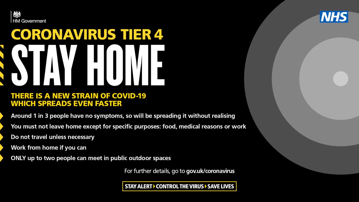 Are you living in a #tier4 area? 

This is what you need to know:

- You must not leave home except for specific purposes
- You should not travel unless necessary
- Work from home if you can
- Only up to 2 people can meet in an outdoor public space