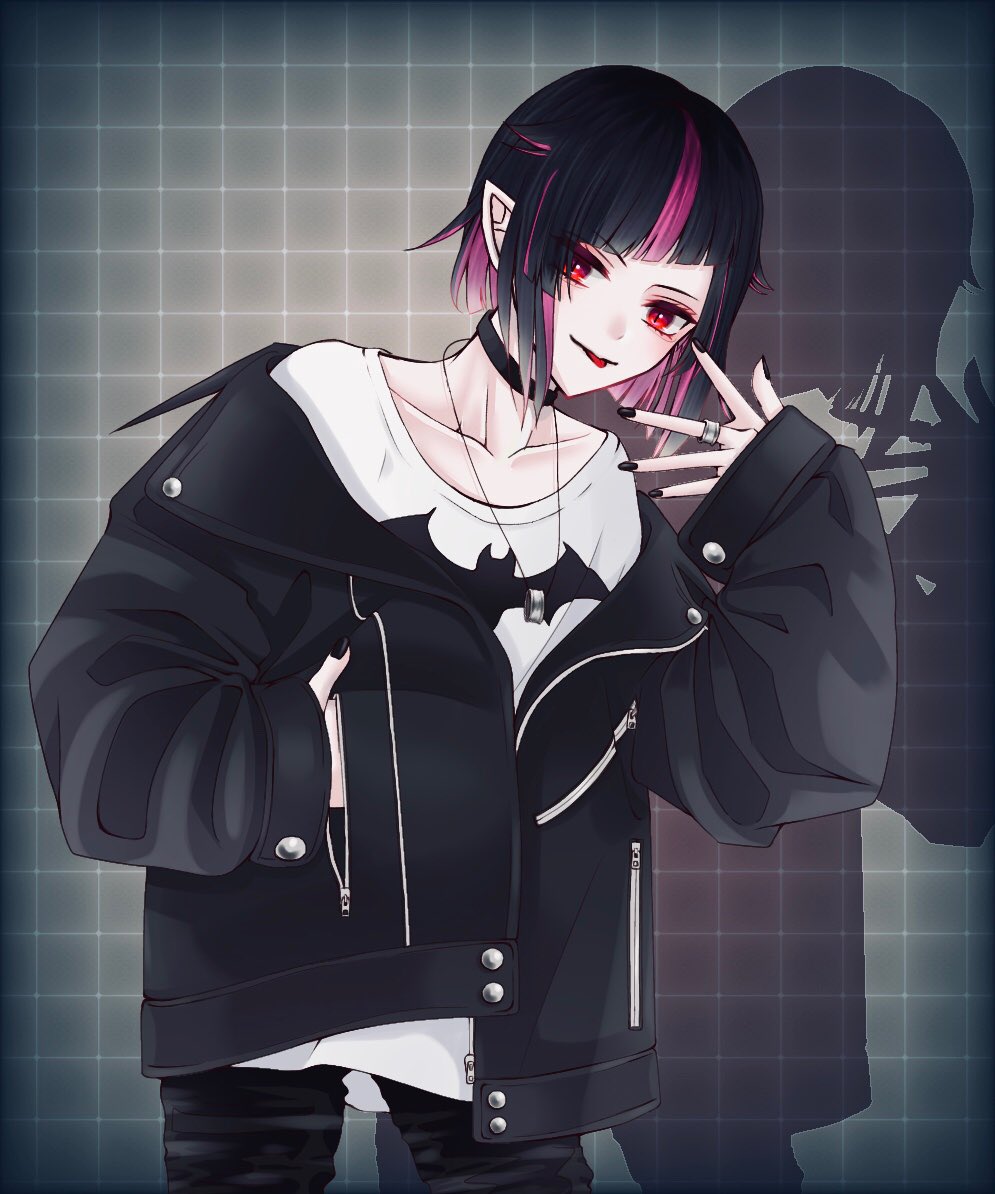 1boy male focus pointy ears pink hair red eyes pale skin black hair  illustration images