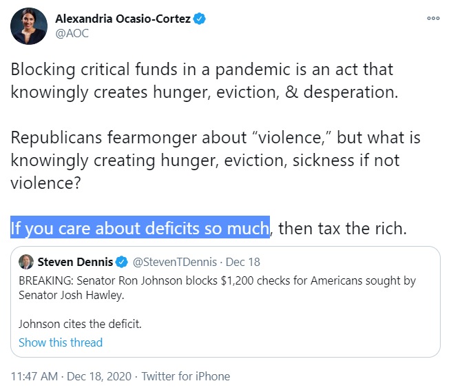 Democrats would do well to get into the habit of leading with a qualifier, the likes of which  @AOC made here that I highlighted, when responding to GOP concerns about the so-called "deficit."We cannot validate the premise that "the deficit" is an actual problem.