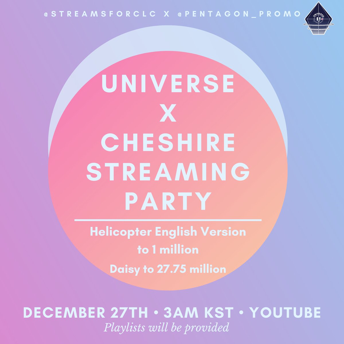 StreamsForCLC's tweet photo. 🚨CLC x PENTAGON🚨

We’re hosting a streaming party with @pentagon_promo!

December 27th at 3AM KST

Let’s stream on YouTube to meet Universe and Cheshire view goals!

A playlist will be provided!

#StarFMBestOf2020 Female K-Pop Act of the Year -  CLC @StarFMBaguio https://t.co/hcnKL2Upbf