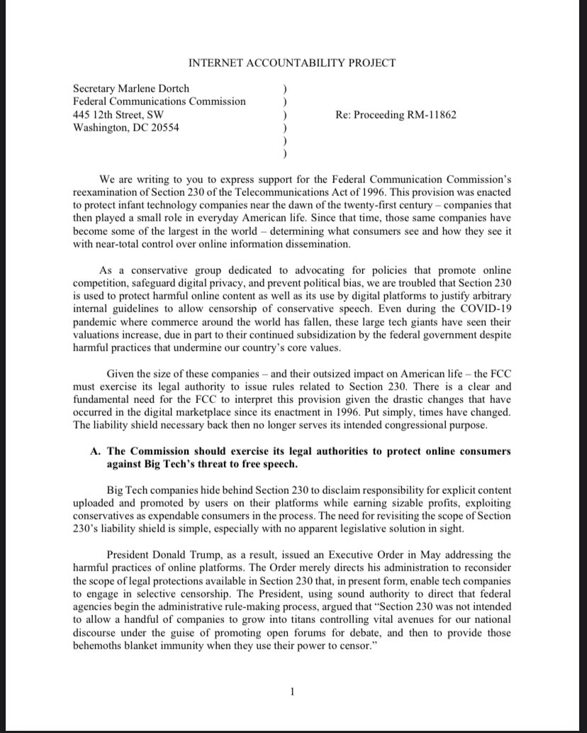 The Internet Accountability Project, now known to be funded Oracle, is behind the recent Trump push to repeal Section 230 protections for social media companies  https://ecfsapi.fcc.gov/file/10902224431610/IAP%20Section%20230%20comment.pdf