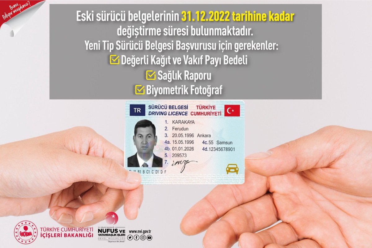 Yeni haftaya Bismillah..Eski tip sürücü belgelerinizi 31.12.2022’ye kadar yenilemeniz gerekmektedir.Yenilediğiniz Sürücü belgenizi Yeni tip kimlik kartınıza yükleme yapıp taşıma yükümlülüğüne de son veriyorsunuz. Randevunuzu almayı ihmal etmeyiniz. <a href="/TCNufus/">Nüfus ve Vatandaşlık İşleri Genel Müdürlüğü</a> #HayatınızınHerAnında