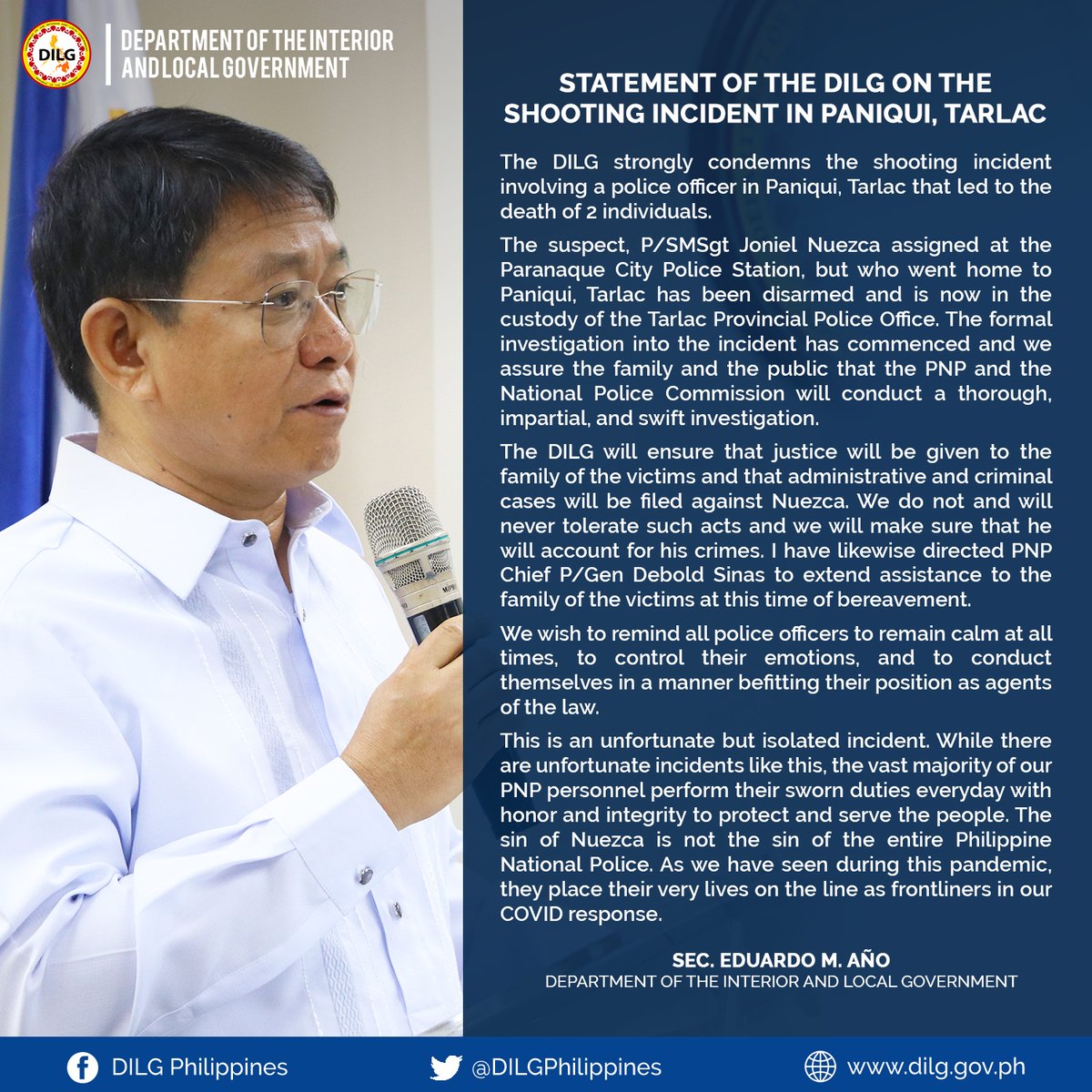 Statement of the DILG on the Shooting Incident in Paniqui, Tarlac bit.ly/3rdrUu9