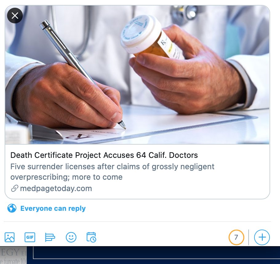 RebeccaLAnders's tweet image. Death Certificate Project Accuses 64 Calif. Doctors medpagetoday.com/special-report… How could it not be a #witchhunt if the qualification is #onepatient? Shouldn&apos;t there be a #patternofabuse? At least 3 patients? Someone should recognise and stop this #Witchhunt of #CA #Doctors!!!