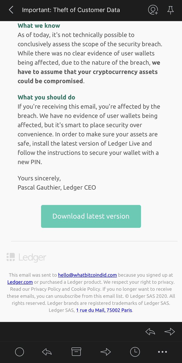PeterMcCormack's tweet photo. *WARNING*

Latest Ledger email looks like an admission from the company but is actually another phishing attack.

Keep advising everyone you know. https://t.co/tTWunO04o8