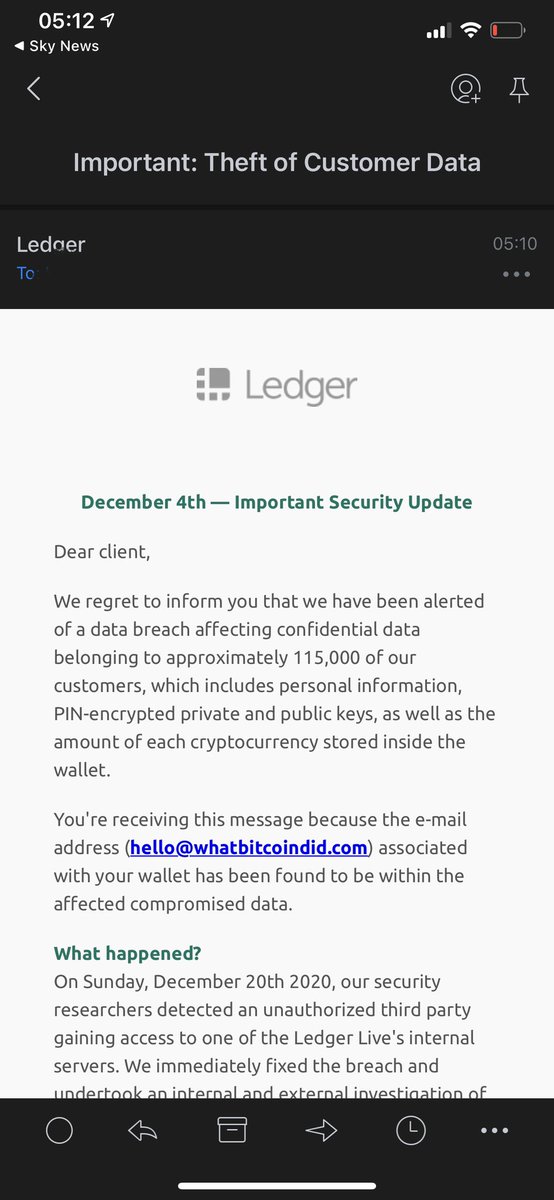 PeterMcCormack's tweet photo. *WARNING*

Latest Ledger email looks like an admission from the company but is actually another phishing attack.

Keep advising everyone you know. https://t.co/tTWunO04o8