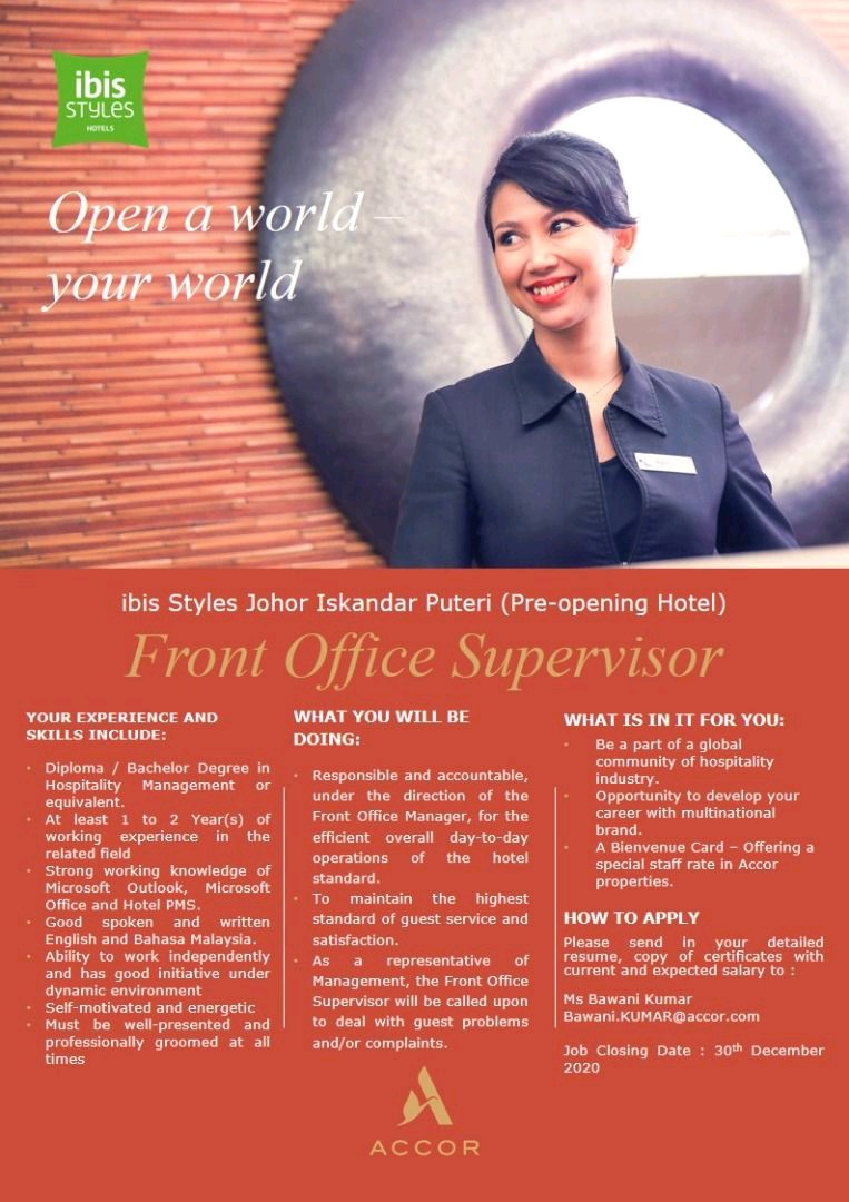 ibis Styles Johor Iskandar Puteri (Pre-opening Hotel) is currently offering position for Front Office Supervisor.

Further info and how to apply online
hotelkini.com/jobs/ibis-styl…

#ibisstylesjohor #johoribishotel #johorhotel #johorhoteljobs #hotelkini