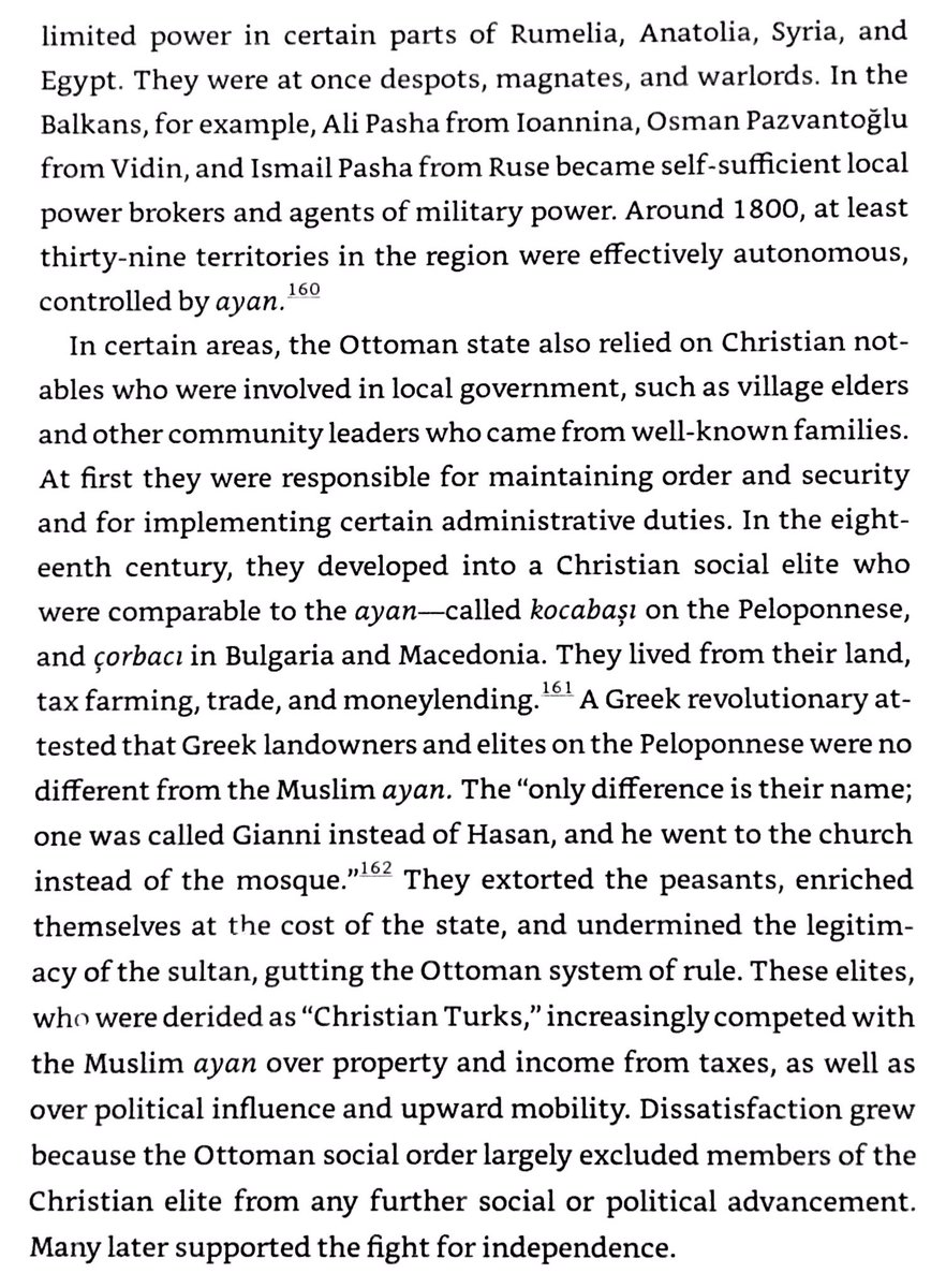 Decline of Ottoman institutions in 1700s - tax farming, unaccountable local elites, corruption, & immiseration of peasantry from commercial consolidation of land ownership. Autonomous magnates took power in Anatolia, Egypt, Syria, & Rumelia.