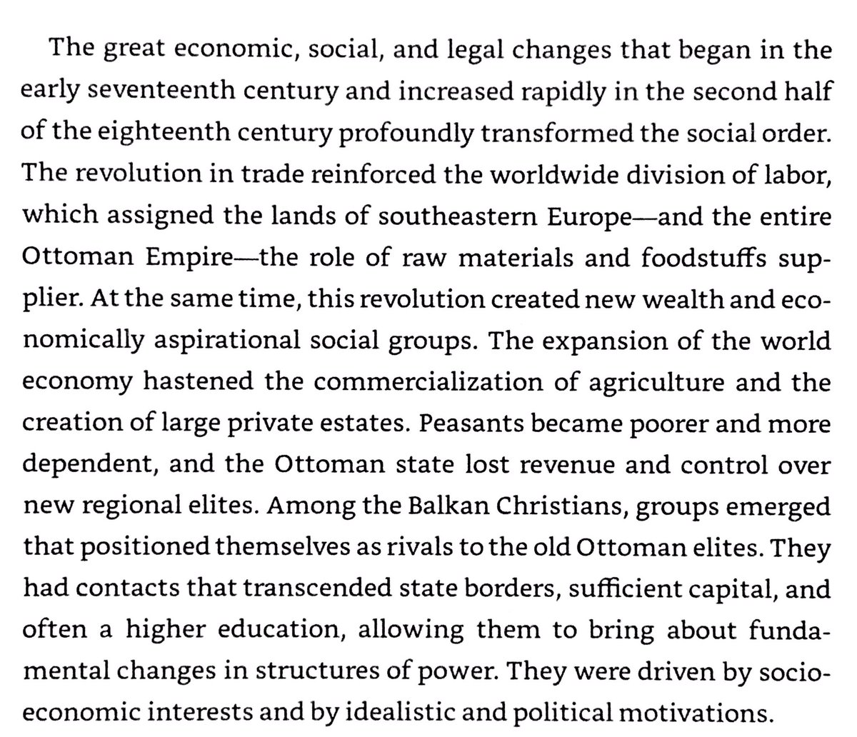 Decline of Ottoman institutions in 1700s - tax farming, unaccountable local elites, corruption, & immiseration of peasantry from commercial consolidation of land ownership. Autonomous magnates took power in Anatolia, Egypt, Syria, & Rumelia.