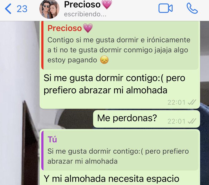 Mi almohada es una persona muy especial en mi vida 😞ella me ha acompa&ntilde;ado cuando m&aacute;s le he necesitado