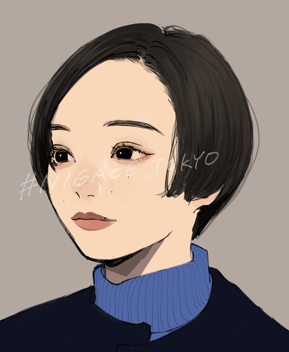 1girl solo short hair black hair simple background black eyes grey background  illustration images