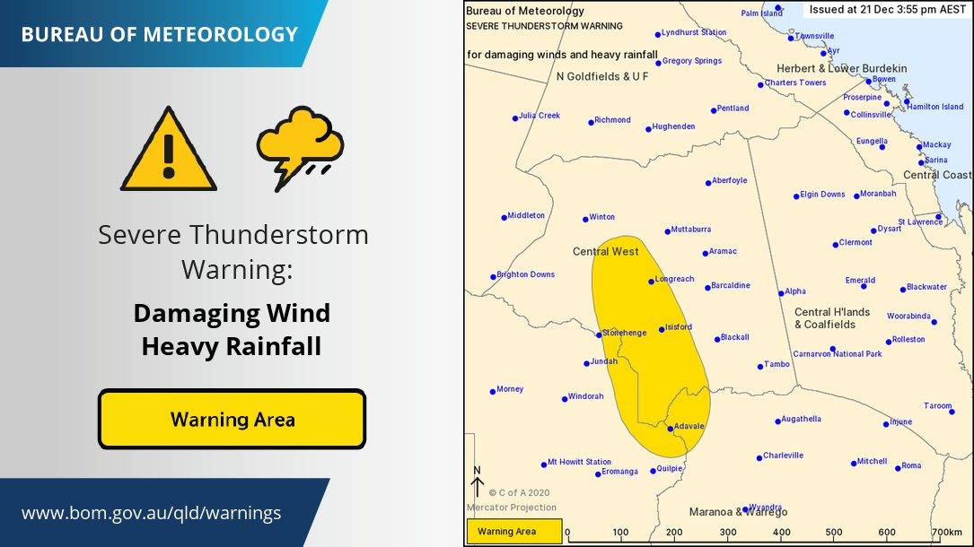BOM_Qld's tweet photo. ⚠️🌩️ Severe Thunderstorm #Warning update: now includes #Longreach, #Isisford, #EveshamStation, #Adavale and #Ilfracombe . Details and updates: https://t.co/xpJqUaSnPM https://t.co/fR5YesnEnq