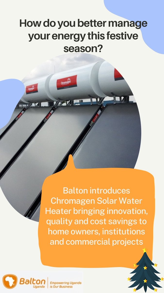 Better manage your Energy with Balton Uganda Limited this Festive season using the Chromagen Solar Water heater.
Available in 150ltrs 200ltrs &amp; 300ltrs
Location: Plot 47/51 Mulwana Road, Industrial Area, Opposite Uganda Baati, Kampala
Contact or WhatsApp: 0704412643
#baltonug