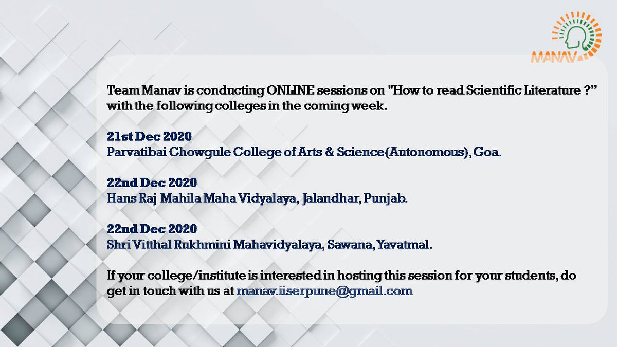 ManavAtlas's tweet photo. #Thisweek, @ManavAtlas team will be conducting #ONLINE #sessions on "How to read #Scientific_Literature?” with the following colleges.

If your college/ institute is interested in hosting a similar free #webinar, email us at manav.iiserpune@gmail.com

#ManavHumanAtlas #students https://t.co/Y6aR1ExaMy