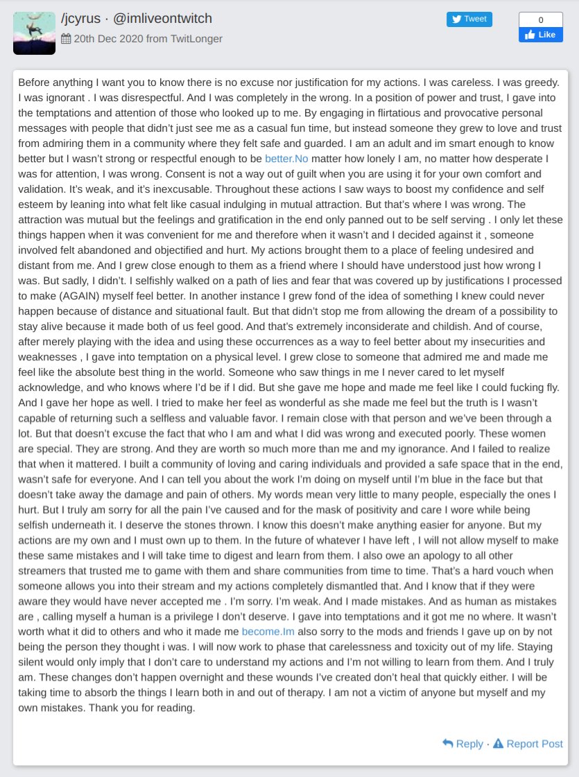 JJ__All__Day's tweet photo. (1) @KEEMSTAR  @JohnScarce  @PhillyD  @itsNICKSNIDER @PaigeChristieUK @ThreeDailey  YouTuber/TikTok'er/EX-Viner/Twitch Streamer, JCyrus, openly admits to sexual manipulation, etc., to girls/women who were mods, etc., and pulls the "I need therapy" card. @Twitch @TwitchSupport https://t.co/SlDmYafxSj