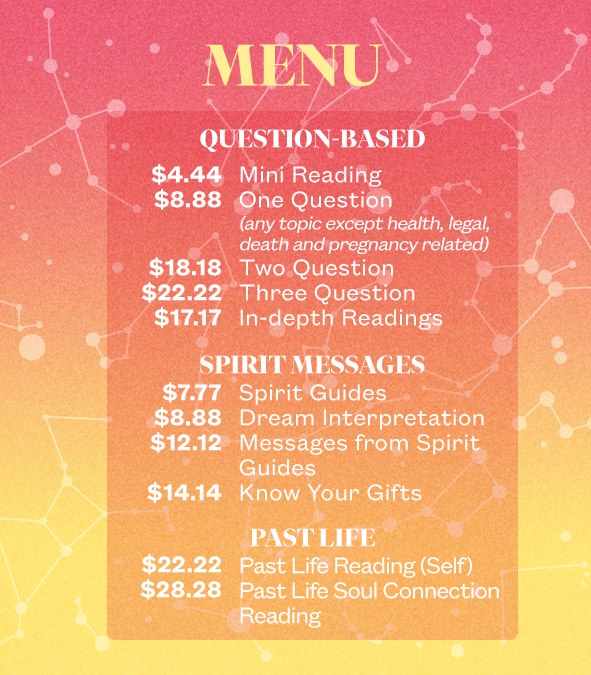 sunwheelmagic's tweet image. Just don't wanna miss this day so I am posting my UPDATED menu today! DM for details. ❤
As I have gotten busy, I will be increasing my turnover to 3-10 days depending on what kind of reading it is. RT to spread the word. 🥰
