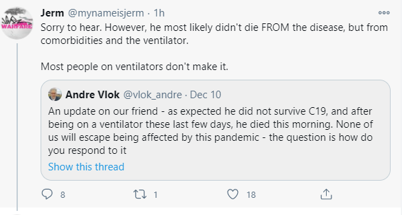BroNutro's tweet photo. @WhoIsDeeAnyway "Sorry to hear. However, he most likely didn't die FROM the disease, but from comorbidities and the ventilator."

I hope @mynameisjerm doesn't see this. https://t.co/Df9Ex7kmvc