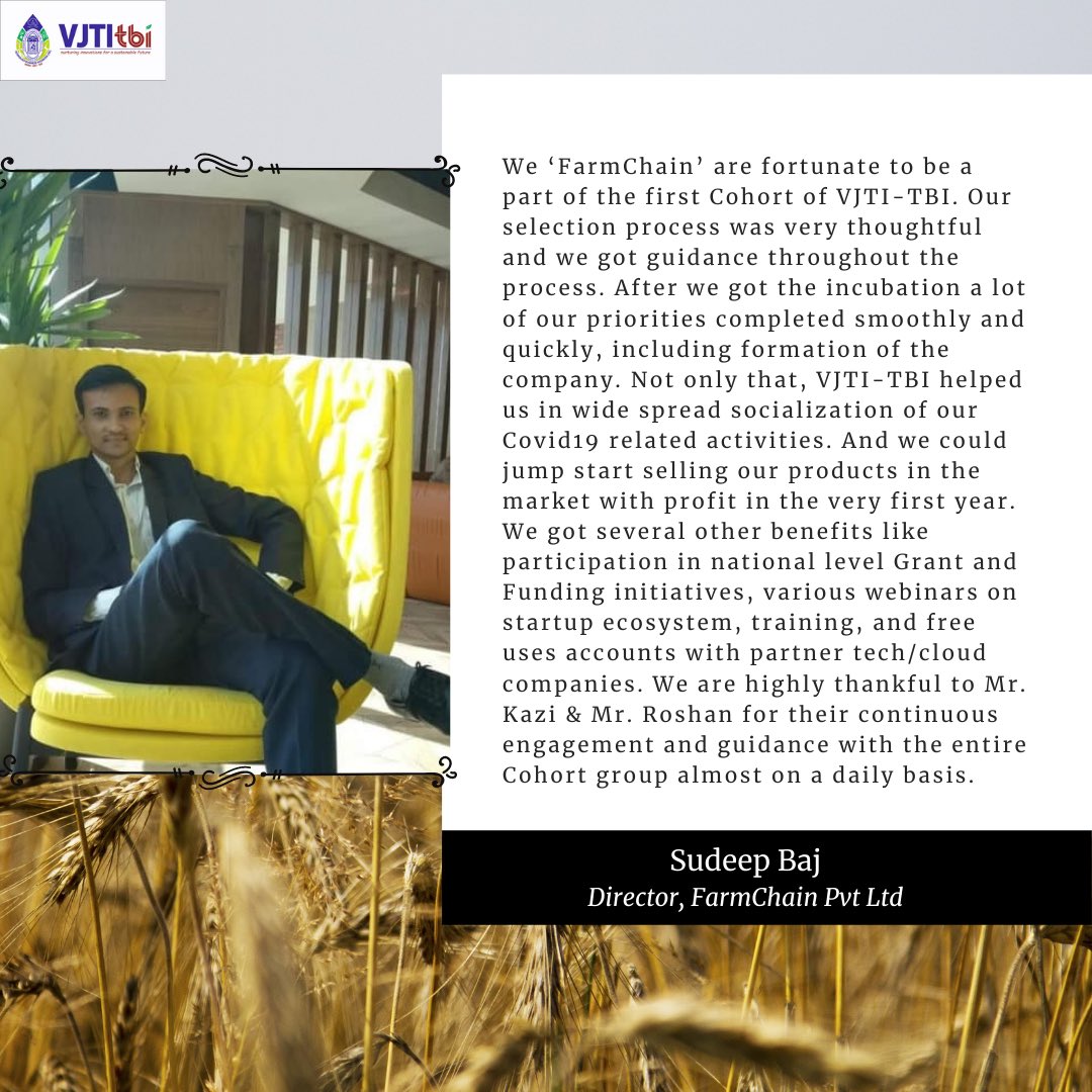 FarmChain services Pvt Ltd our startups has designed &amp; developed a solution to cure farmers concerns in India.  

If you have a solution in FarmTech or AgriTech APPLY NOW lnkd.in/eUt-jqS

#FarmersProtest #ai #ml #startup #apply #support #cohort #incubtion #vjti #vjtitbi