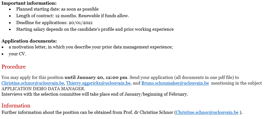 DemographieLLN's tweet photo. Share the news!
DEMO recruits!
Join our dynamic team as a #datamanager (50%, 12 months), to support our work with Belgian population data.
#poptwitter #registerdata
Send us resume + motivation letter before Jan 20th.
For + info, contact christine.schnor@uclouvain.be https://t.co/wCbVzGUGph