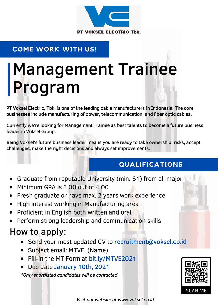 PT Voksel Electric Tbk membuka kesempatan karir Management Trainee Program. 

Pendaftaran dapat melalui link:
bit.ly/MTVE2021

dan mengirimkan CV terbaru ke recruitment@voksel.co.id dengan subject email: MTVE_Nama

Pendaftaran paling lambat tanggal 10 Januari 2021