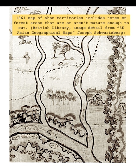 4. As royal states rose in the lands that would become Burma trees were felled for buildings (temples, palaces), stockade walls, carts & boats and export. Elephants were used to move timber, logs transported on rivers. Selective logging was practiced with some forests protected.