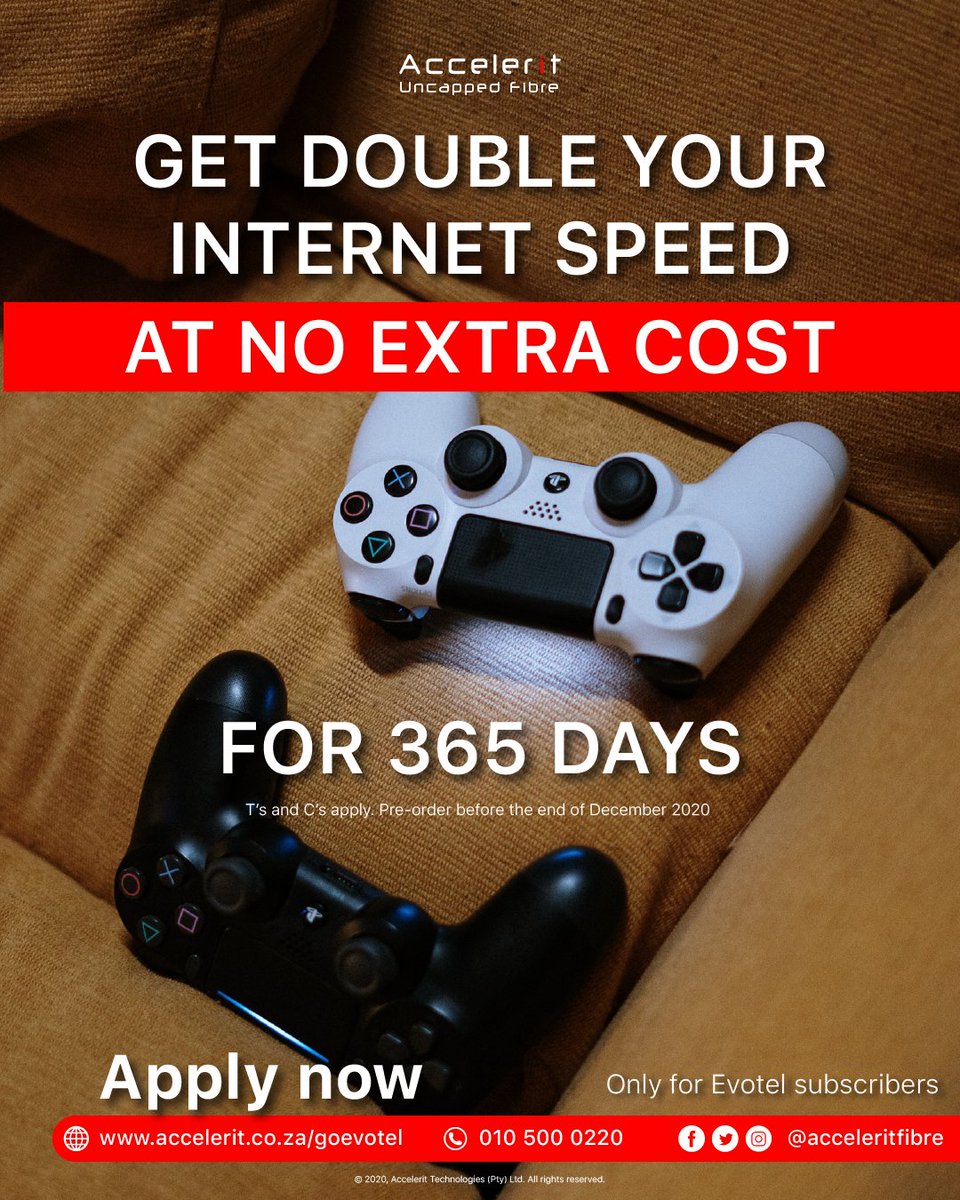 🙌🏽Get your speed doubled up for an entire YEAR with @evotel_za. 

😎All you have to do is APPLY NOW: accelerit.co.za/goevotel or call us on 010 500 0220. T’s and C’s: Only available in Newcastle Areas 

#accelerituncapped