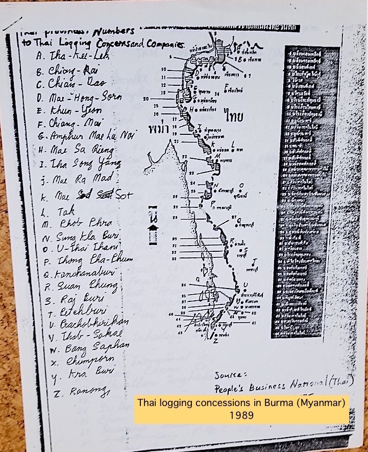 10. In 1989 Burma (Myanmar) SLORC junta, seeking weapons funds sold logging concessions to Thailand firms, waged “Teak War” on EAOs for control of forests. Rapid, massive deforestation as Thai companies clearcut teak, other hardwoods for export as boat decks, flooring, furniture.