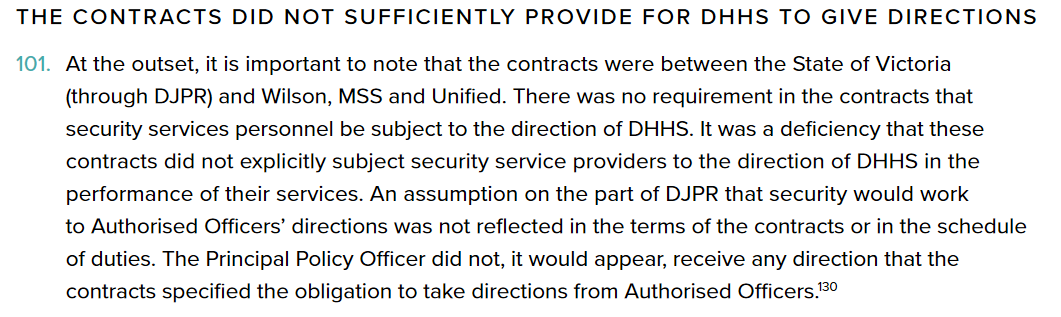 Agreed. Despite time restraints not having the security guards subject to the direction of  @VicGovDHHS is a massive oversight and I personally can't fathom how it was left out. High level incompetence in regards to this part of the contract.  #auspol  #springst  #hotelquarantine