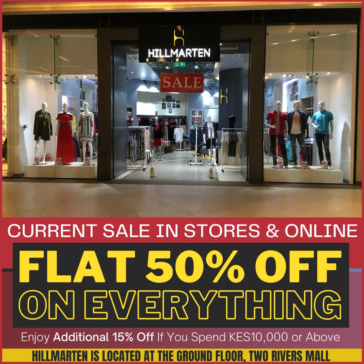 TwoRivers_KE's tweet photo. Enjoy 50% off everything with @HillmartenKe and if you spend KES 10,000 and above you get an extra 15% off. Perfect time to get that Christmas outfit🛍🛍
#TwoRiversXmasMagic https://t.co/Bpd6LkAb0s
