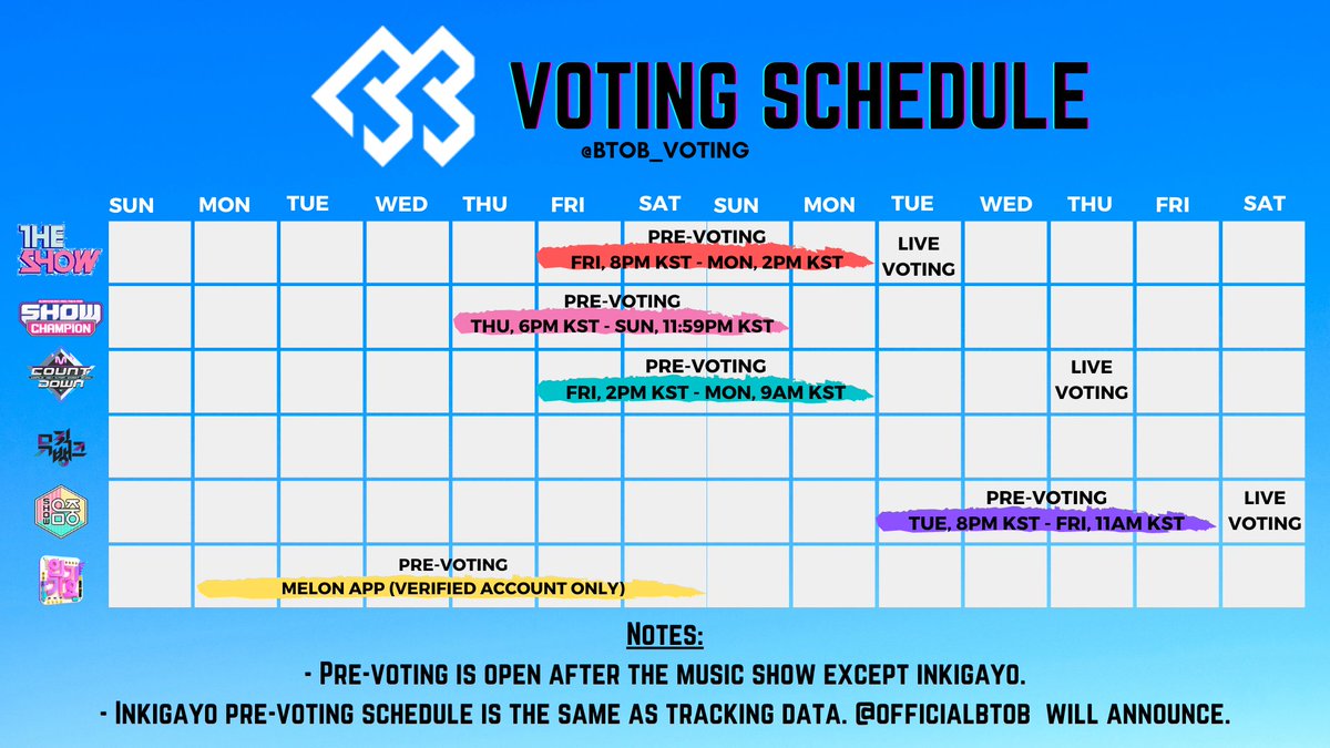 BTOB_VOTING's tweet photo. 🗳 MUSIC SHOWS VOTING SCHEDULE 

In preparation on every comeback, here's the voting schedule of music shows for the nominees.

#비투비 #BTOB @OFFICIALBTOB https://t.co/tv9iOolbqB