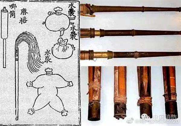 The long pole is called ‘Jitong’, where you dip it in water, suck it up, and push it out on wherever you wanna spray. This is created around 1727 and it looks that there are several kinds of hoses created.