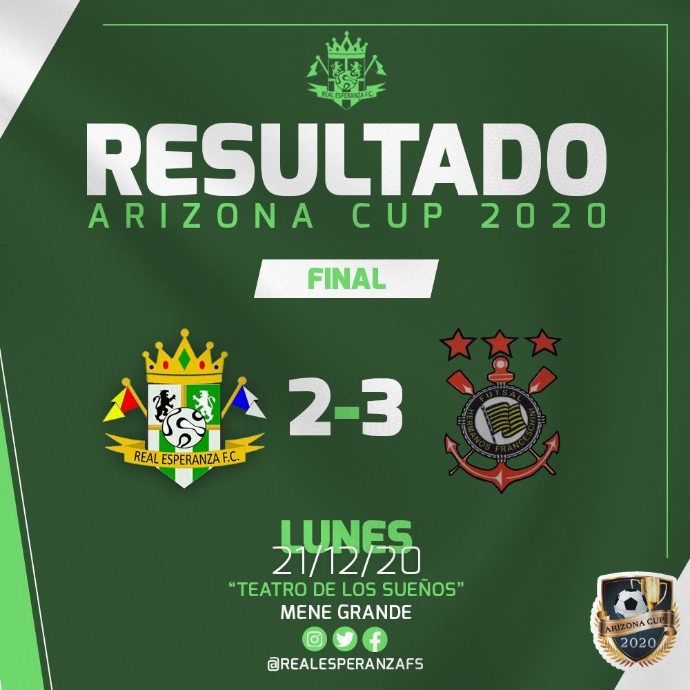 realesperanzaFS's tweet photo. 🦁💚 ¡GRACIAS MENE GRANDE!

Carlos Vento (1')
Edward Sánchez (2')

Este año no ha podido ser, pero jamás bajaremos los brazos ¡Regresaremos por la #ArizonaCup! 🏆

🤝🏼 Felicidades a #Hnosfranceschini por este gran duelo.

#RealEsperanza | #Final | #Futsal https://t.co/buahDHKSzR