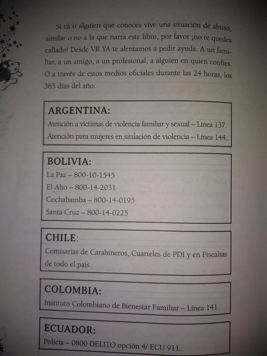 _lildeath's tweet image. acabo de terminar "Hecha de Estrellas" y en las últimas hojas estan estos números para ayudar a  personas que sufren abuso y me pareció importante compartirlos