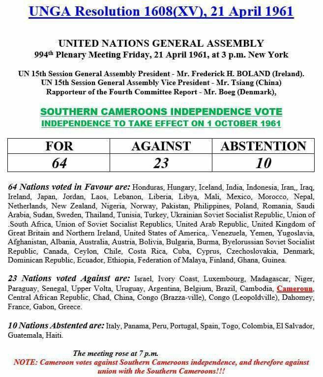 pabiedu1's tweet photo. Why did #Frenchcameroun with Ind Day Jan 1 1960 vote against independence for #SouthernCameroons ?
@RussiaUN 
@UKUN_NewYork 
@franceonu
@Chinamission2un 
@IndiaUNNewYork  
@irishmissionun 
@KenyaMissionUN 
@MexOnu 
@NorwayUN 
@SAMissionNY 
@EstoniaUN 
@Niger_ONU  
@PmTunisia https://t.co/V2CIv8lS5U