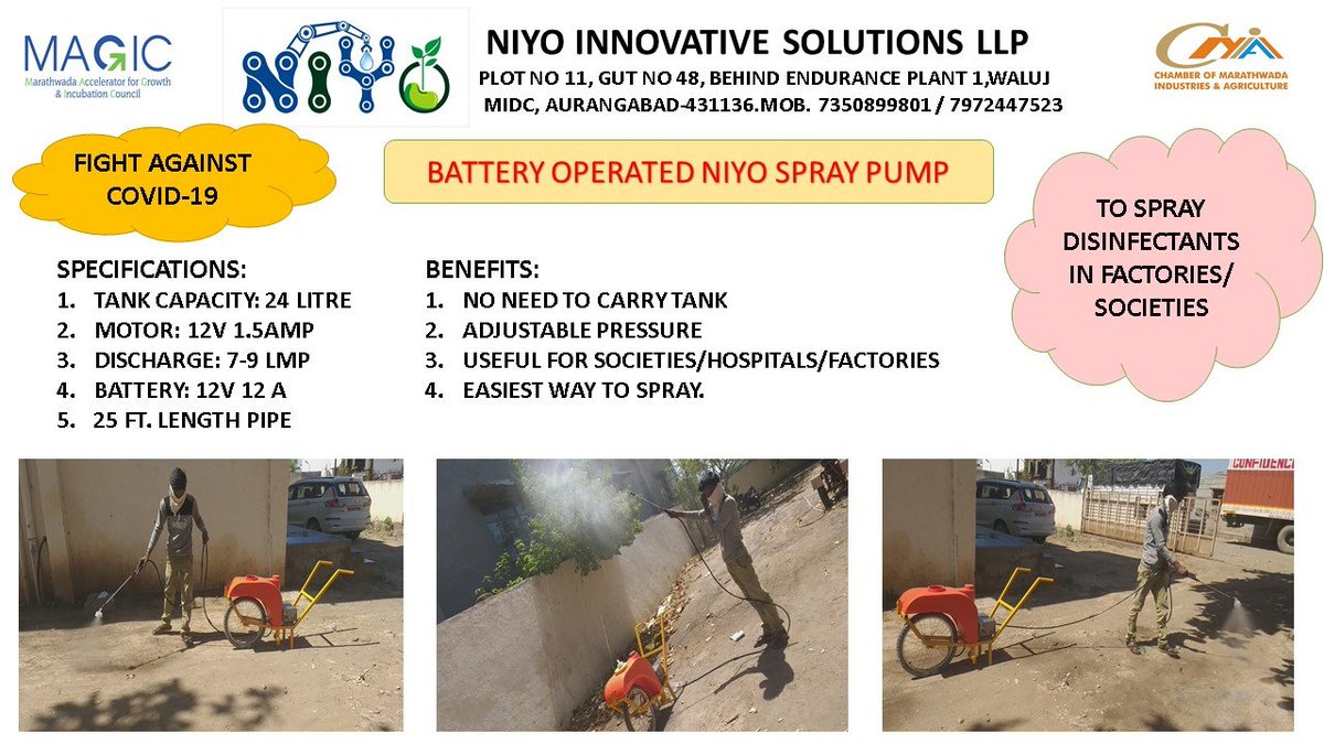 MAGICIncubation's tweet photo. CMIA's MAGIC is providing technical, mentoring &amp; seed funding support to the startup NIYO Innovative Solutions LLP,  manufacturing low cost disinfectant spraying machines. NIYO spraying machines are used to sanitize hospitals &amp; crowded urban areas. #startup  #Incubated at MAGIC. https://t.co/lqjovW5EGy