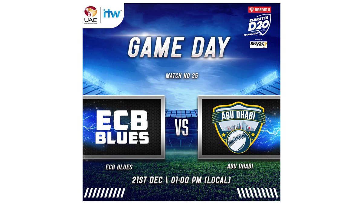 EmiratesCricket's tweet photo. Match 25 in @Dream11 #EmiratesD20 sees #ECBBlues face #AbuDhabi.

It's #GameOn @DubaiStadium ! https://t.co/y3f4zhUY0A