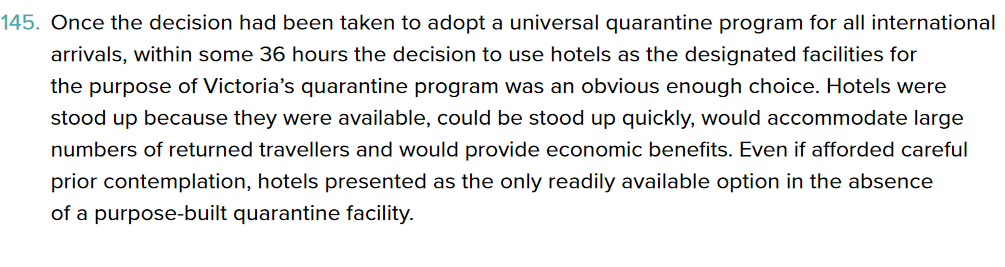This is a CONCLUSION: Coate confirms that Hotels were the only option in the absence of a purpose built quarantine facility. Thanks  @jeff_kennett  #auspol  #springst  #hotelquarantine