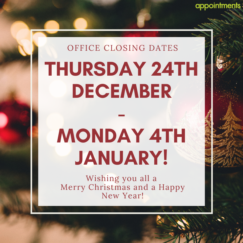 appointmentsper's tweet photo. 🎄Christmas Office Closure!🎄

The Appointments team will be out of the office from Thursday 24th December 2020 and will return on Monday 4th January 2021 to kick start the new year!

We hope that everybody has a Merry Christmas and Happy New Year!🎉 https://t.co/VKV7a6nfZR