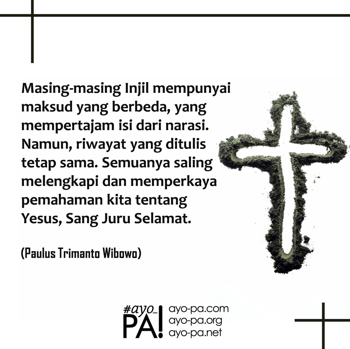 _ayo_pa's tweet photo. Masing-masing Injil mempunyai maksud yang berbeda, yang mempertajam isi dari narasi. Namun, riwayat yang ditulis tetap sama. Semuanya saling melengkapi dan memperkaya pemahaman kita tentang Yesus, Sang Juru Selamat.
(Paulus Trimanto Wibowo)

#Ayo_PA!
#PA21
#alkitab https://t.co/AFOyg0D8xr