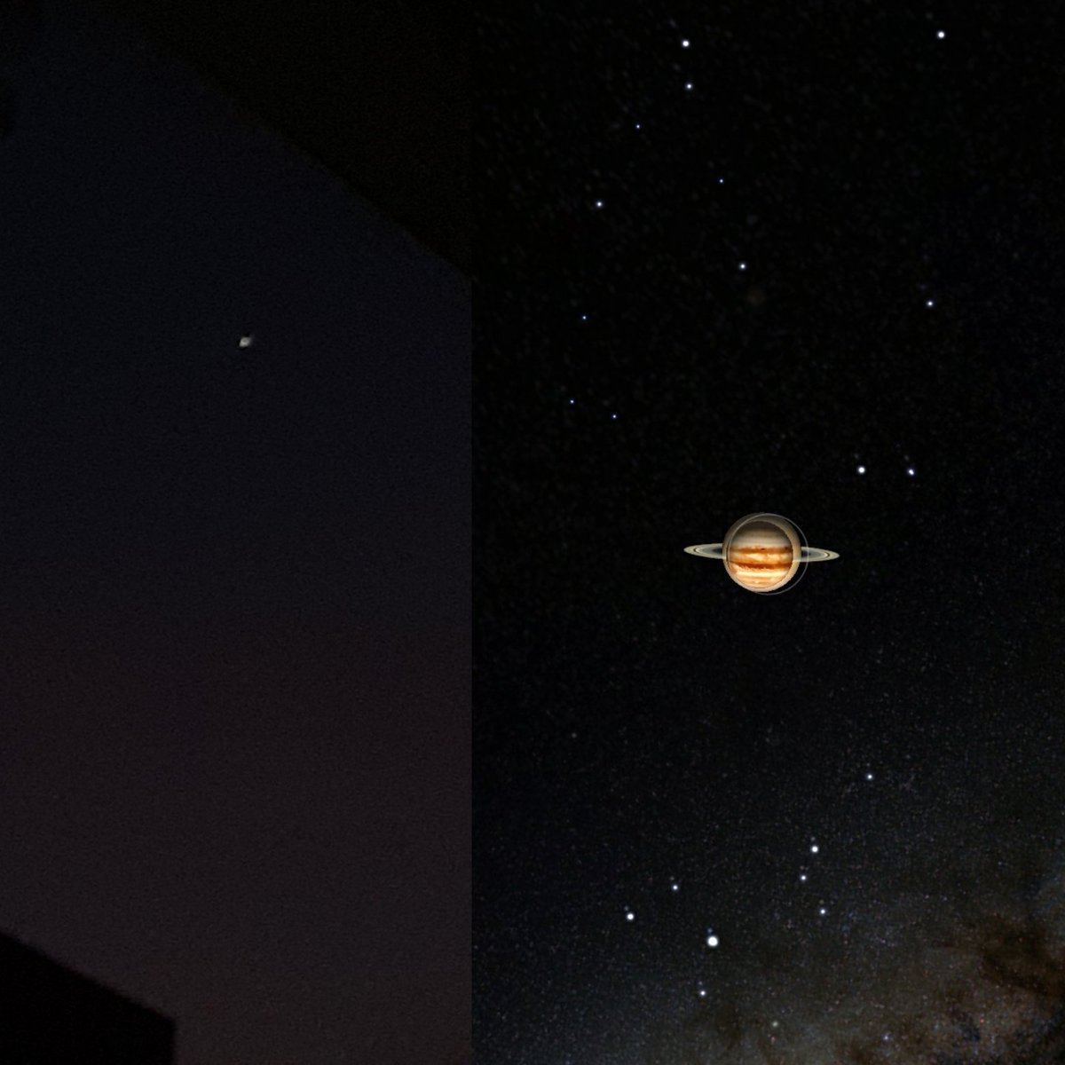 Saw this amazing phenomenon which happened after almost 700 yrs! #SaturnJupiterConjunction 💫🪐
Absolute delight! 😍
The pic on the left is what I saw was clearer through the binoculars though, The right is the snapshot from the app #SkyView #SkyViewApp