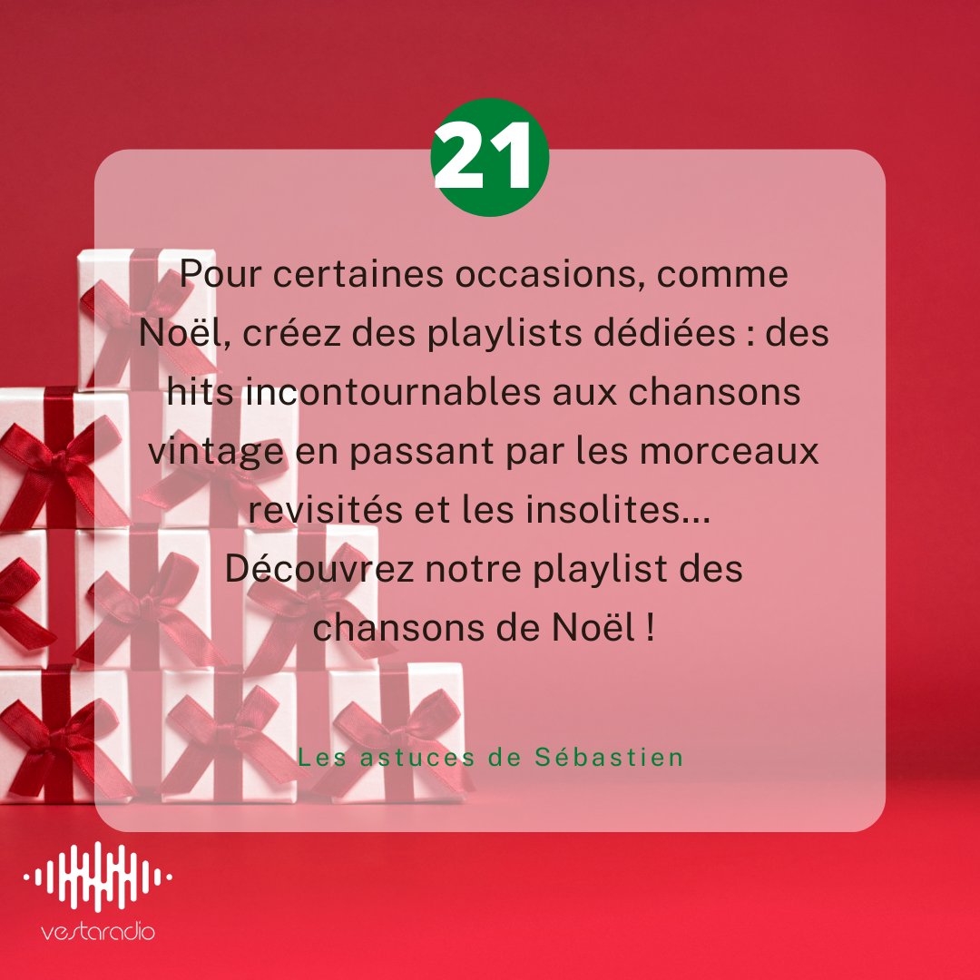 Vestaradio's tweet photo. ✨#CalendrierDeLavent - Jour  21 ✨ 
En attendant #Noël🎄, chaque jour, notre expert Sébastien vous propose une astuce pour animer votre #webradio comme un pro. L’astuce du jour 📌:  Votre playlist Noël 2020 . Nous offrons un #cadeau pour nos abonnés ↪️https://t.co/CBJAv9a4zO https://t.co/sE3l5M95ko