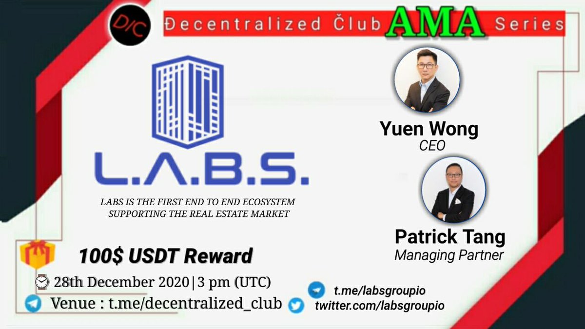 dens_club's tweet photo. #Decentralized_Club will host AMA with @labsgroupio on December 28 (2020) at 3PM (UTC) 8.30PM IST.

10 winning questions selected from Twitter(5) &amp; Telegram(5) will share giveaway of 100$ USDT

1⃣ Like,retweet
2⃣ tag 2 friends
3⃣ Post Question

🚨  https://t.co/t15DINRM2o https://t.co/6tfrK9TaTD