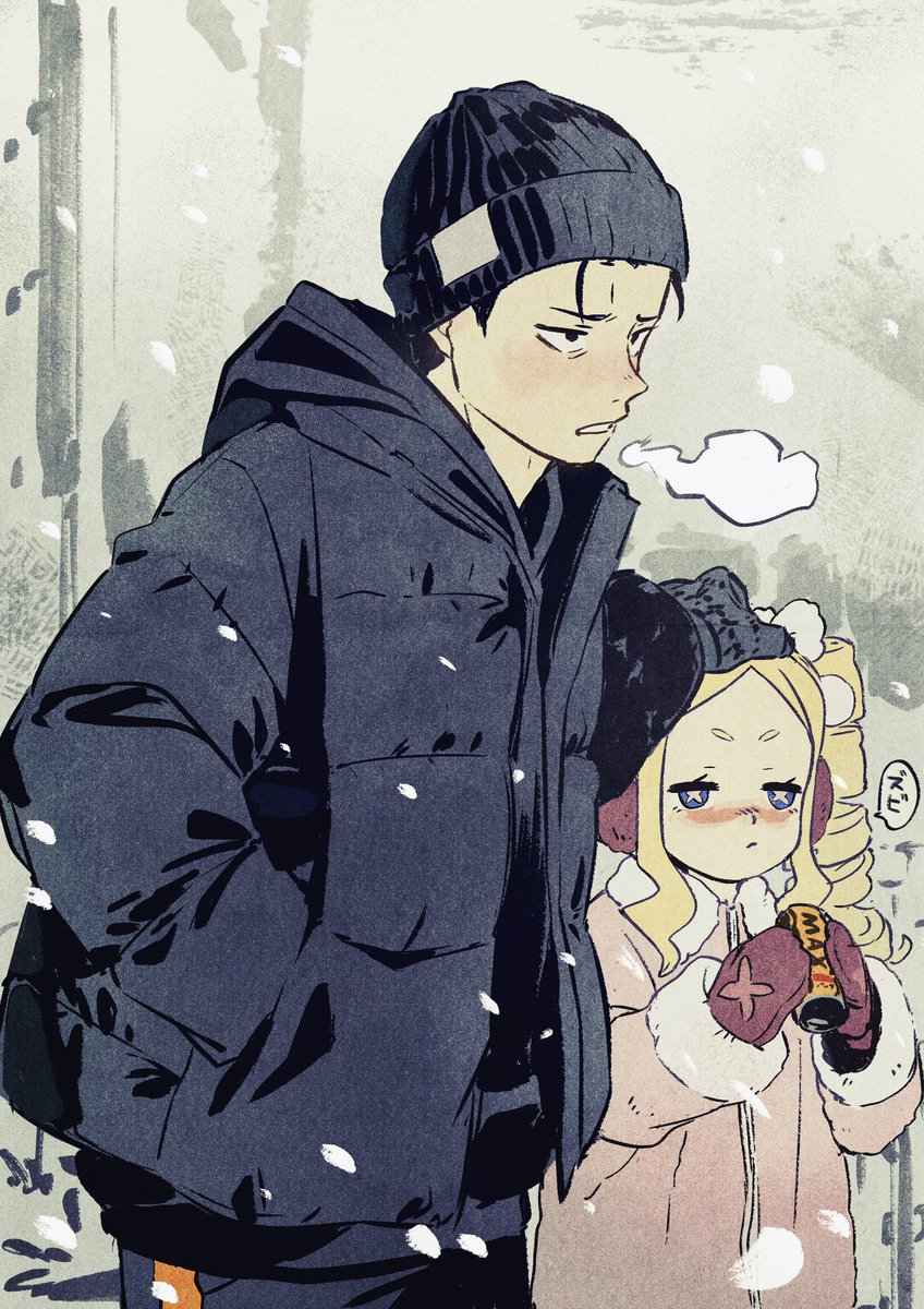 natsuki subaru 1girl 1boy blonde hair black hair winter clothes cold blush  illustration images