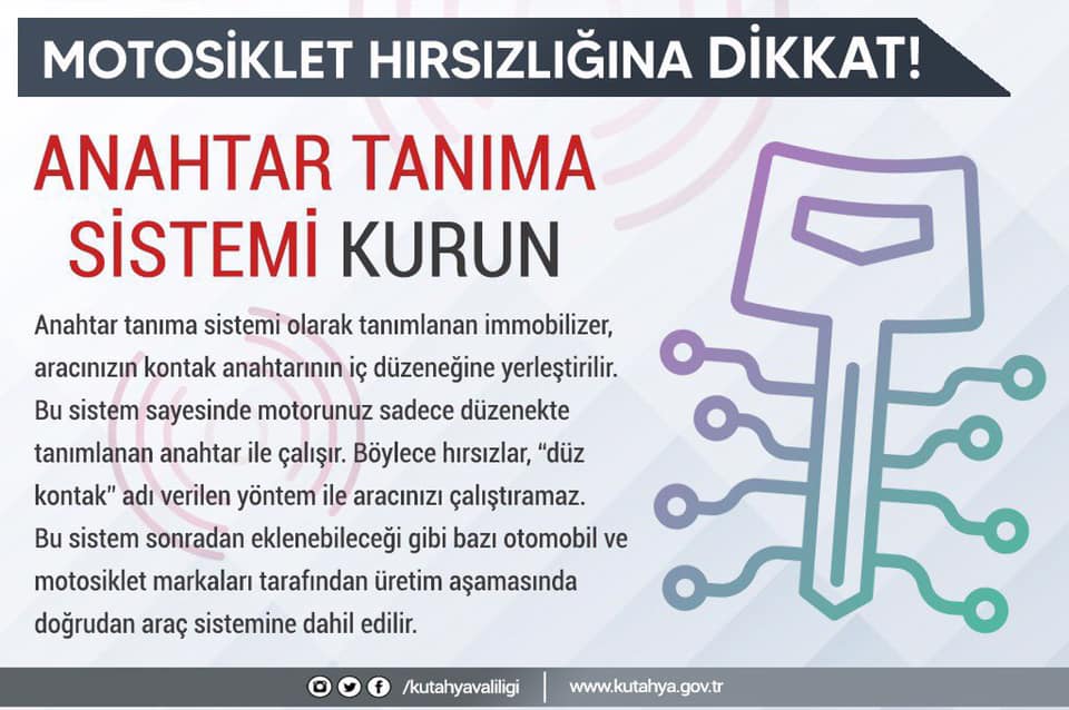 Anahtar tanıma sistemi sayesinde motorunuz sadece düzenekte tanımlanan anahtarla çalışır.