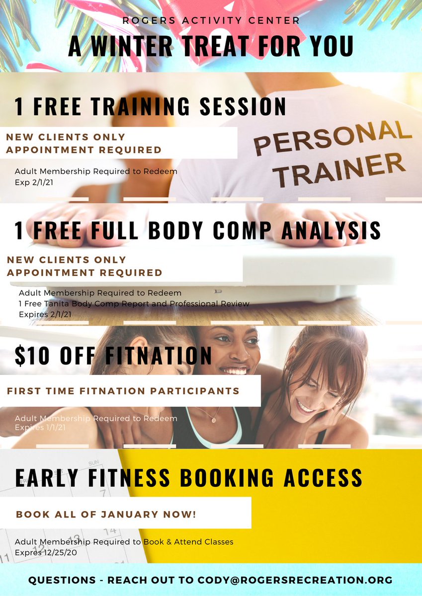 RogersActivity's tweet photo. This year for Christmas, the RAC wants to give you the gift of health.

1. FREE PERSONAL TRAINING
2. FREE FULL BODY COMPOSITION ANALYSIS
3. $10 off FITNATION https://t.co/AlQLwlCHGT