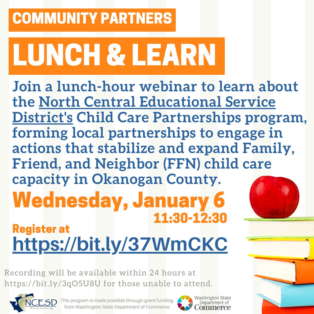 You are invited to join family, friend and neighbor childcare providers, and community partners in Okanogan County for a Lunch and Learn conversation, Wednesday, January 6th, 11:30 am - 12:30 pm. Register here for more information: bit.ly/37WmCKC