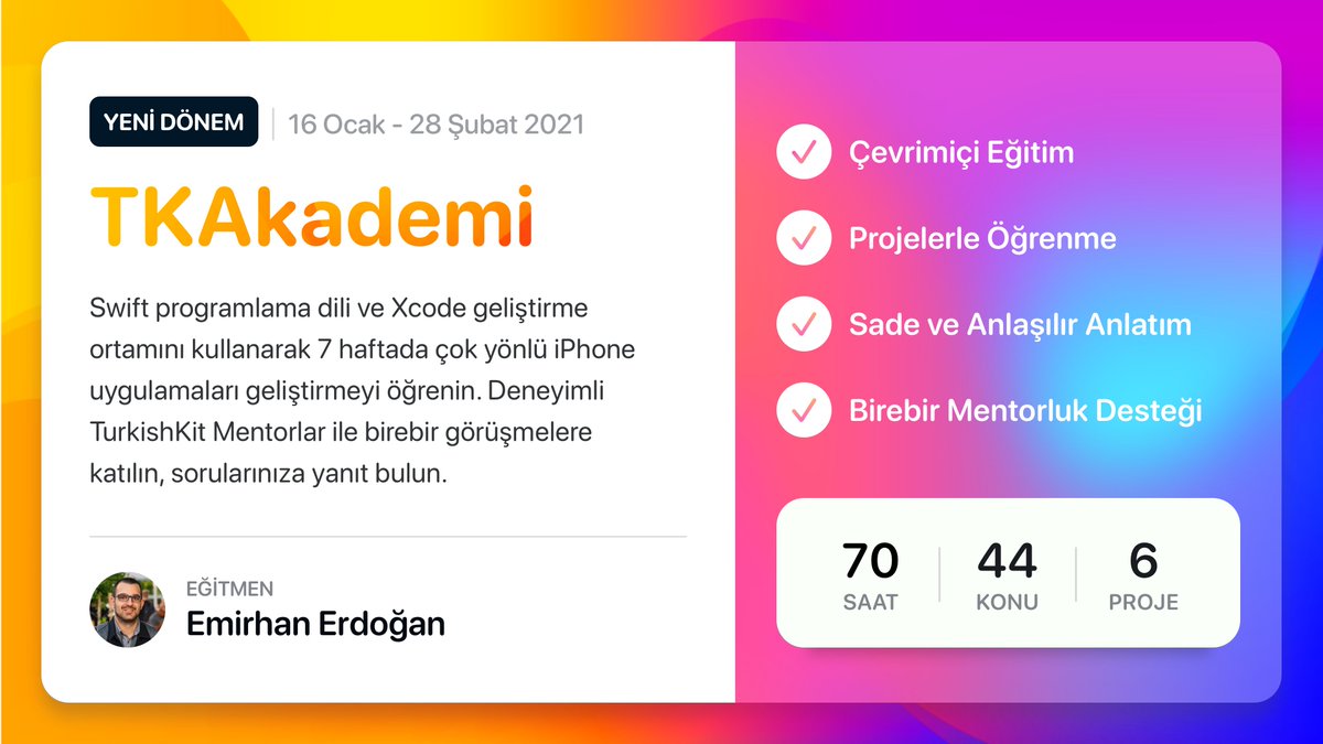 talentkitco's tweet photo. Yeni Bir Yıl. Yeni Bir Akademi. Şimdi Sizlerle.

Birebir mentorluk desteği ve 6 yaratıcı proje ile Swift programlama dilini keşfedin, çok yönlü iPhone uygulamaları geliştirmeyi öğrenin.

Yıl sonuna kadar geçerli avantajlı fiyat ile hemen kaydolun: https://t.co/sQuAUURXIa https://t.co/QQtw4Prtw3