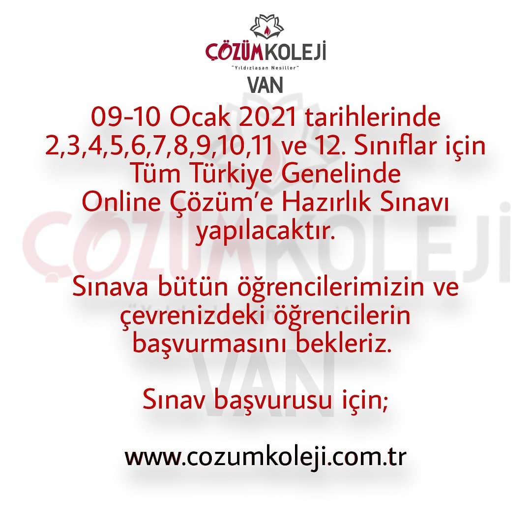 CozumVan's tweet photo. 09-10 Ocak 2021 tarihlerinde 2,3,4,5,6,7,8,9,10,11 ve 12. Sınıflar için Tüm Türkiye Genelinde Online Çözüm’e Hazırlık Sınavı yapılacaktır. Sınava bütün öğrencilerimizin ve çevrenizdeki öğrencilerin başvurmasını bekleriz. Sınav başvurusu için;

 https://t.co/ATb3Ykyng0 https://t.co/2yl5AtiqDy